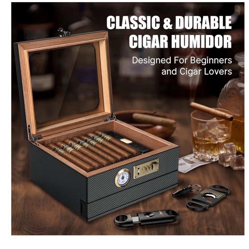 Cigar Humidor Set with Accessories – Glass Top Storage Box - Picture 2 of 5